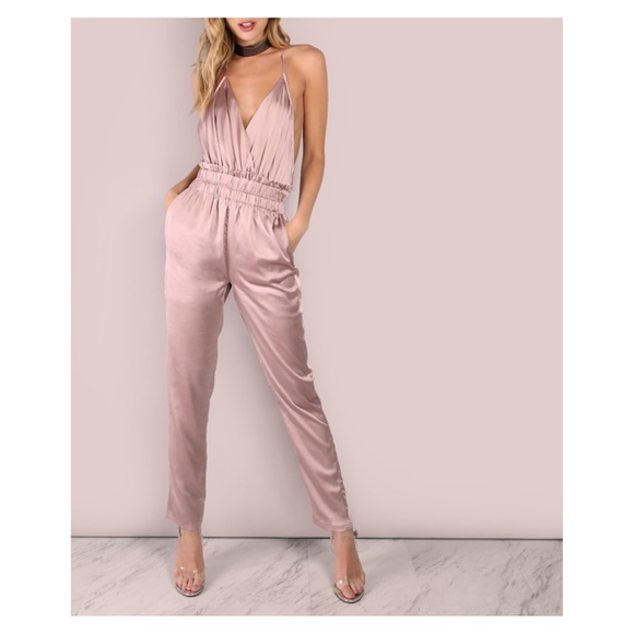 MBM Unlimited Pants - Dusty Pink V Neck Backless Satin Jumpsuit